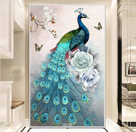 5d钻石画2020新款满钻竖版玄关欧式粘点贴钻十字绣钻石绣孔雀开屏