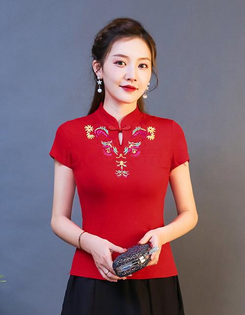 唐装女上衣夏天穿的民族风刺绣新款中国风复古立领盘扣绣花t恤短袖亿