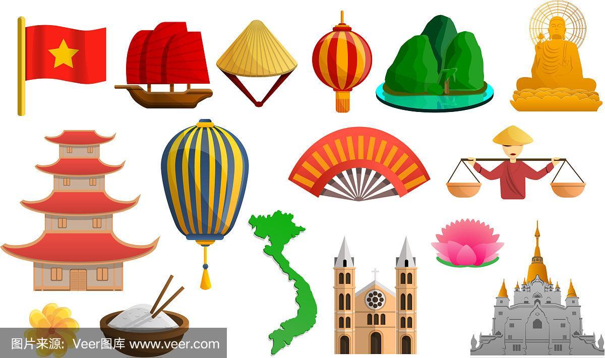 越南,图标集,卡通,时尚,河内