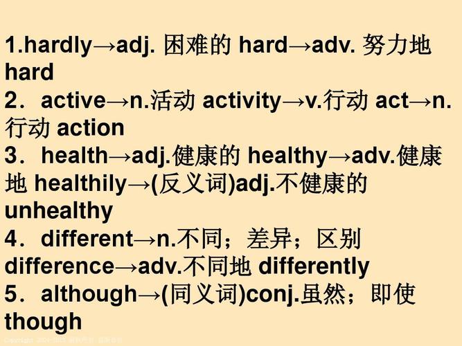 健康 地 healthily→(反义词)adj.不健康的 unhealthy 4.