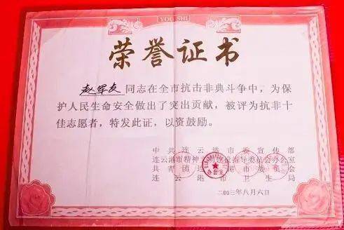 赵军友获得的荣誉证书
