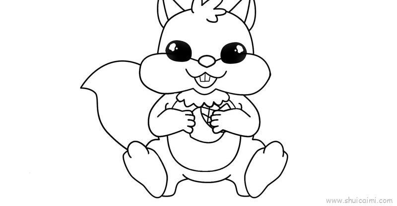 2,然后画出松鼠的身体和尾巴,再画出松鼠的四肢和它手里的松果.