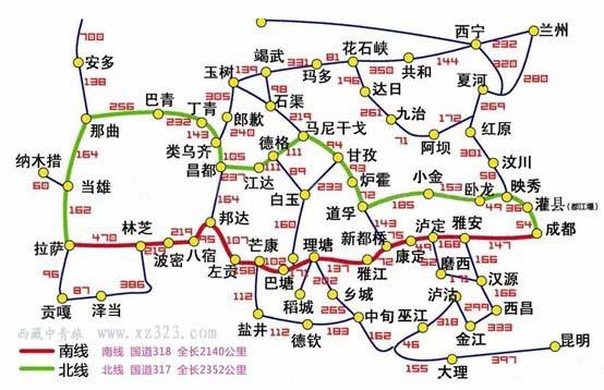 风景俊美的川藏线路图(红色标注的是南线,绿色标注的是北线)