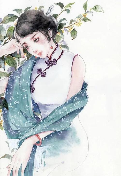唯美的民国旗袍手绘图超有气质的女子插画保存当壁纸用