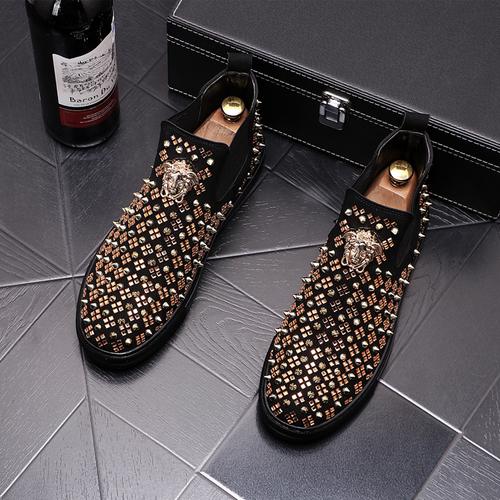 男士金色柳丁鞋百搭高帮鞋男cl铆钉鞋男潮套脚一脚蹬个性高邦鞋子