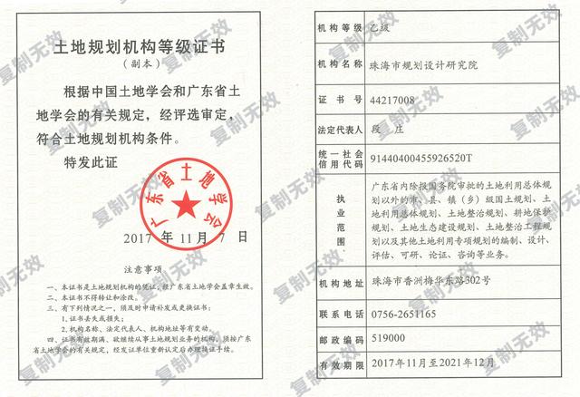 土地规划机构等级证书