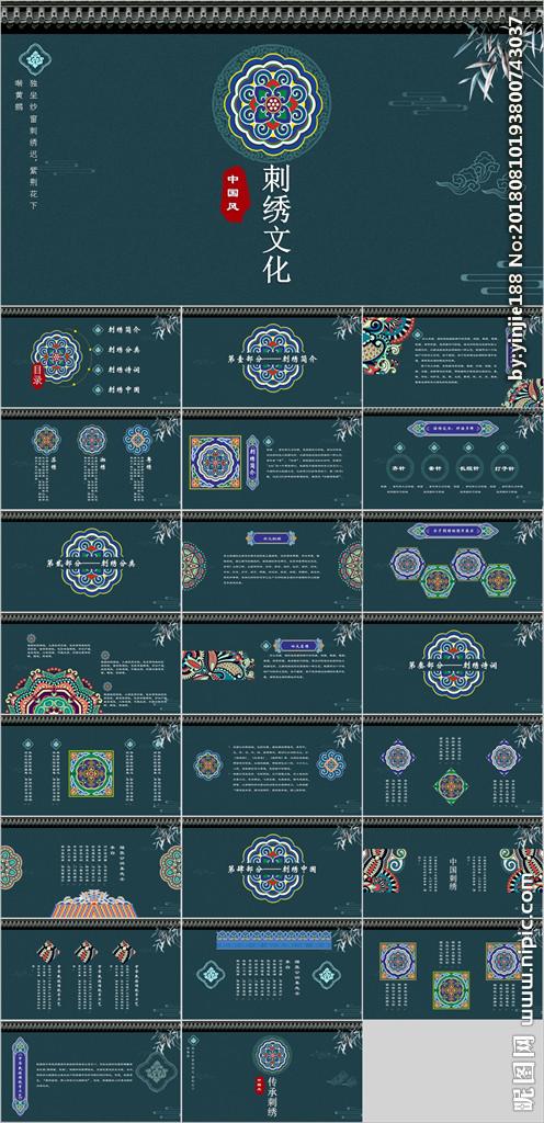 复古绿刺绣中国风ppt模板