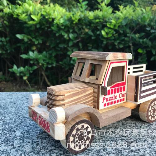 木质七巧板智力车 大卡车模型儿童玩具木头车家居摆件