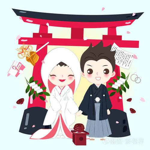 可爱的卡通日本婚礼情侣粉红色的背景