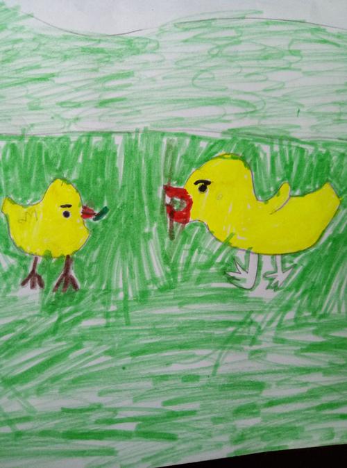 小朋友们画的小公鸡和小鸭子