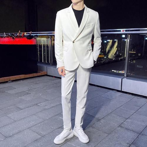 气质白色香风西服套装男单斜扣秋冬修身外套休闲痞帅