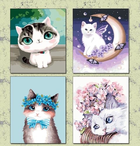 数字油彩画diy小猫咪画画手绘工儿童填色油画可爱动物