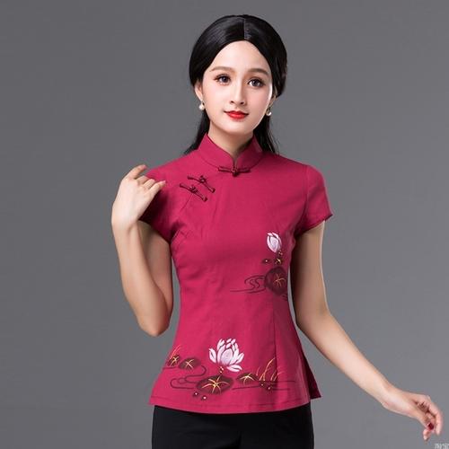 夏立领上衣新款手绘桃花风唐装亚麻旗袍女士民族时尚装复古棉套