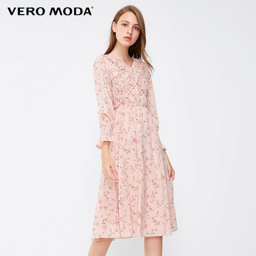 veromoda春秋松紧交叉两穿碎花收腰雪纺连衣裙连衣裙