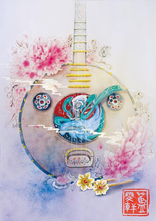 手绘古物【月琴】【粉色】【古风】