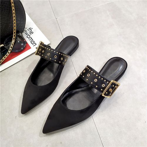 尖头金属铆钉平底拖鞋女包头穆勒鞋网红小ck女鞋2019新款平底懒人半
