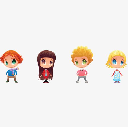 四个不同发型的卡通小朋友们