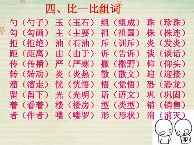 四,比一比组词 勺(勺子) 玉(玉石) 组(组成) 珠(珍珠) 勾(勾画) 主