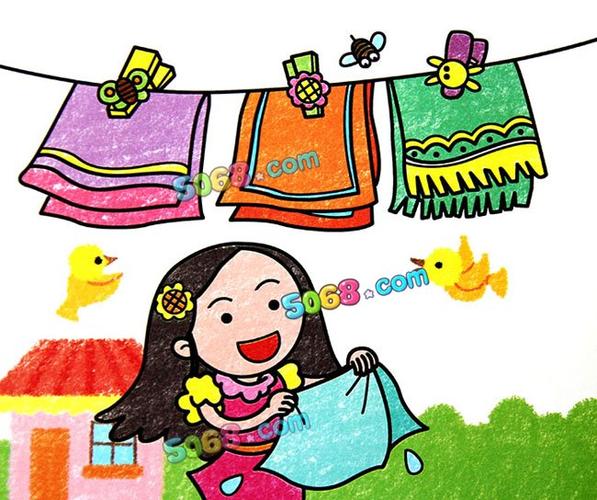 晾衣服的妈妈小学生蜡笔画作品