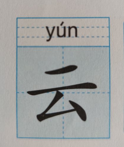 认识汉字"云". 2.能在田字格中正确书写,并熟知每一笔的占位. 3.
