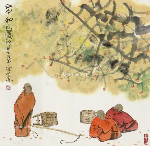 2222三个和尚软片设色纸本
