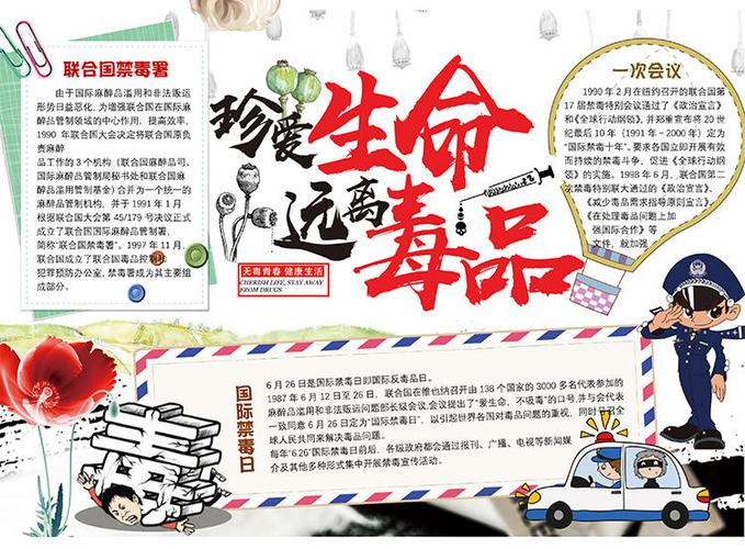 禁毒电子小报word模板珍爱生命远离毒品手抄报a3a4黑白线稿涂色