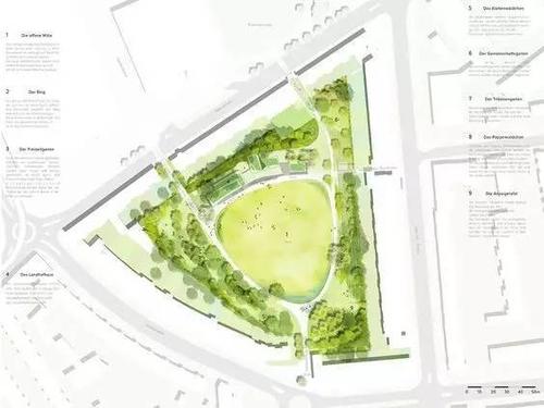 设计轻盈,简练,视线通透 景深感强 总平图中的三角形 在三角形场地里