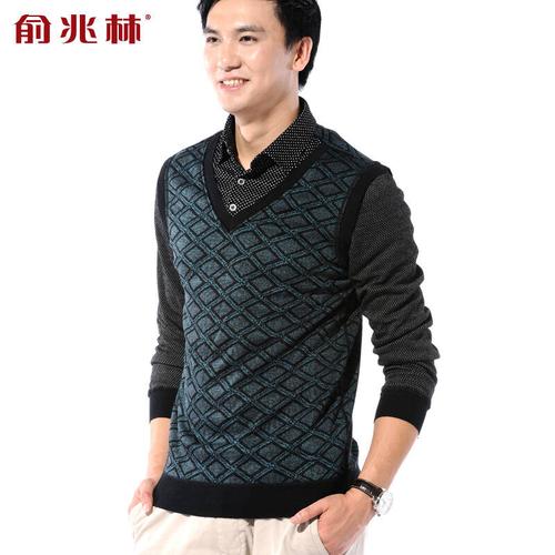 优雅渐变棱格商务休闲针织衫 加绒加厚衬衫领假两件男士保暖上衣 bl