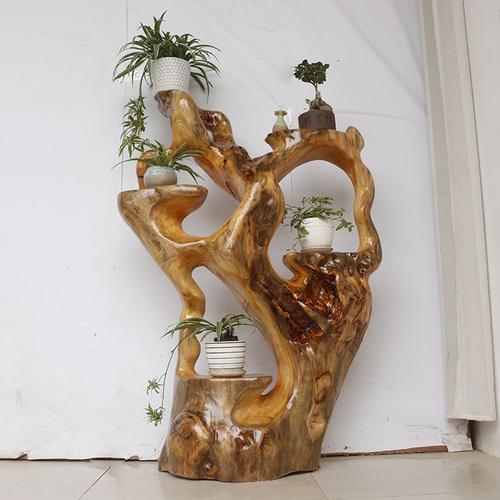 根雕花架实木香樟木树根盆景架天然树桩置物架木根原木摆件客厅