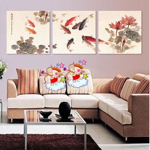 现代家居沙发背景装饰水晶客厅卧室无框壁画三联水彩画荷花九鱼图