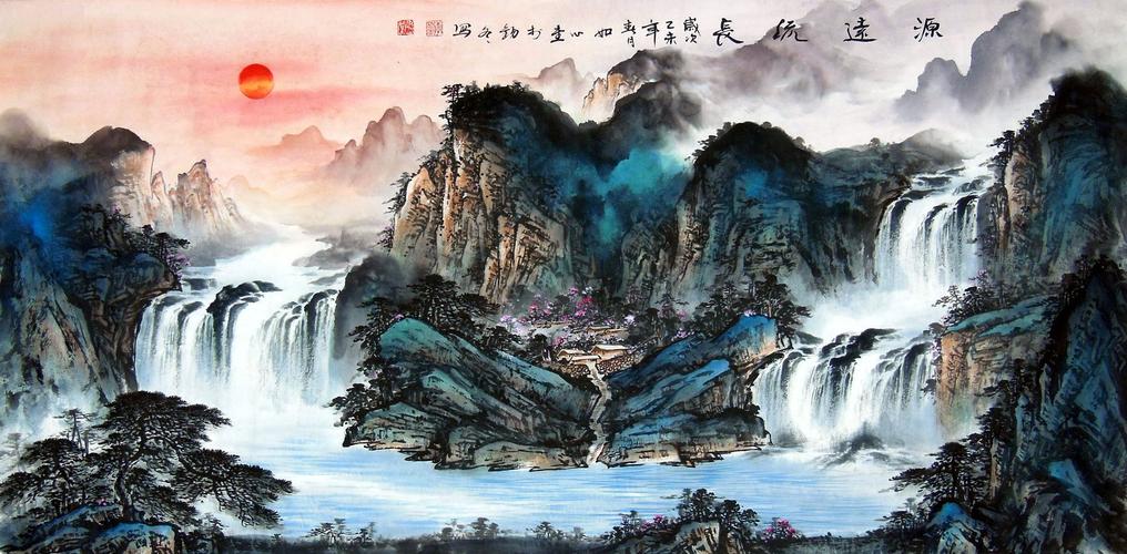 12 4c 源远流长 李锡冬四尺横幅纯手绘国画彩墨山水画作品原稿