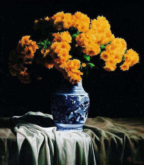 05262004年作菊花静物布面油画