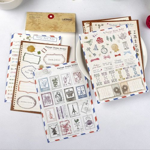 手帐本贴纸vintage stamp sticker复古邮票纸质装饰贴纸6张套a69