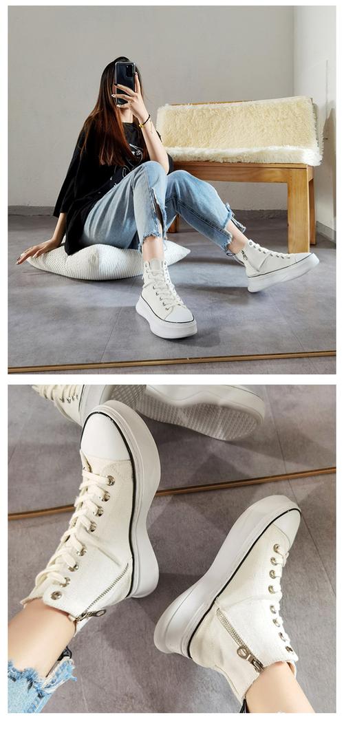 高帮帆布鞋女厚底2021四季休闲嘻哈高帮鞋侧拉链个性