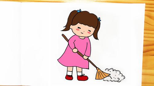 春节一起大扫除!学画勤劳的扫地小女孩简笔画