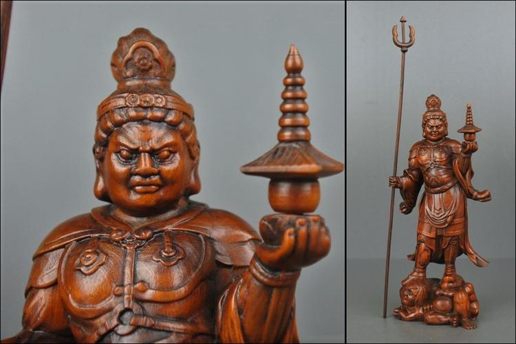 仏教美术 黄杨木 细密雕刻【多闻天】四天王 木雕 仏像 置物 古美术品