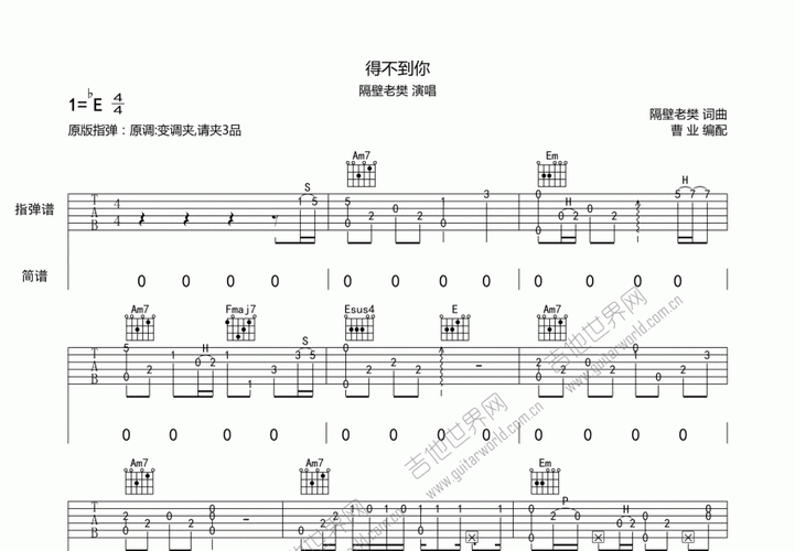 得不到你吉他谱_隔壁老樊_降e指弹 - 吉他世界网
