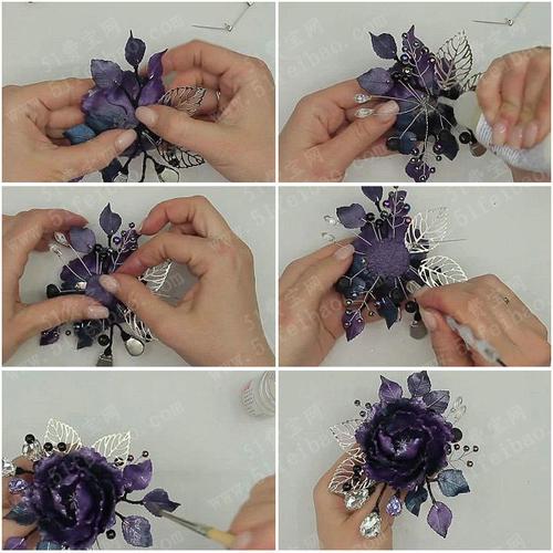 胸针制作教程,diy花卉饰品紫色花朵胸针