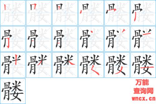 《髅》字的基本信息  汉字 髅 读音 lóu 部首 骨 总笔画 18画 笔顺