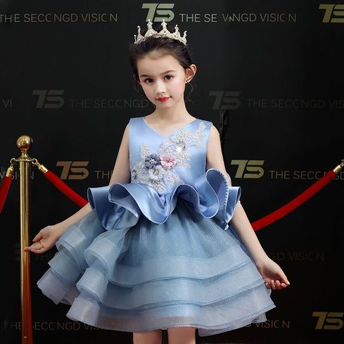 六一儿童礼服女小主持人走秀演出服装花童婚纱生日公主蓬蓬裙蓝色