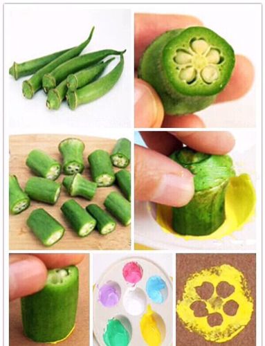老师演示用藕秋葵,白菜等蔬菜的横截面,蘸上颜料进行印画,让孩子初步