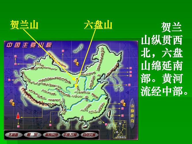 贺兰山 六盘山 贺兰 山纵贯西 北,六盘 山绵延南 部.黄河 流经中部.