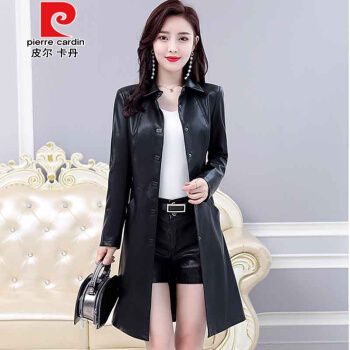 皮尔卡丹轻奢品牌女装皮衣中长款女修身2021秋冬新品韩版海宁气质长款