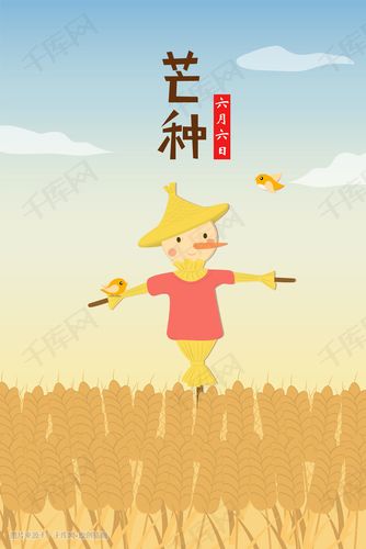芒种稻草人麦田插画