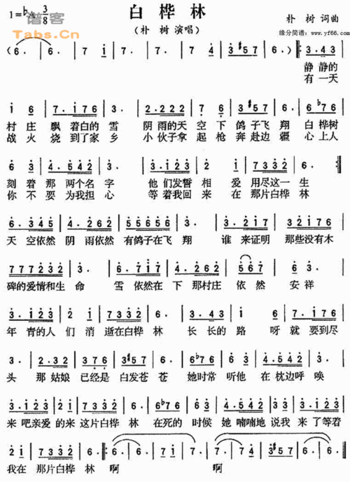 简谱图为gif格式,大小为660x908像素.由朴树演唱