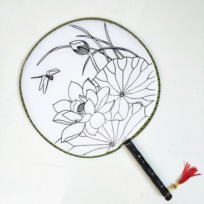国画扇面工笔荷花线稿可填色加矾胶空白团扇绢布写字书法美术绘画