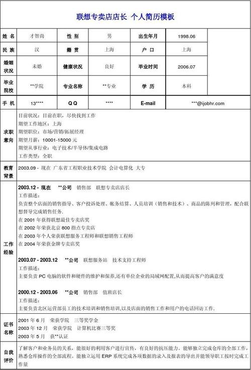 联想专卖店店长个人简历模板