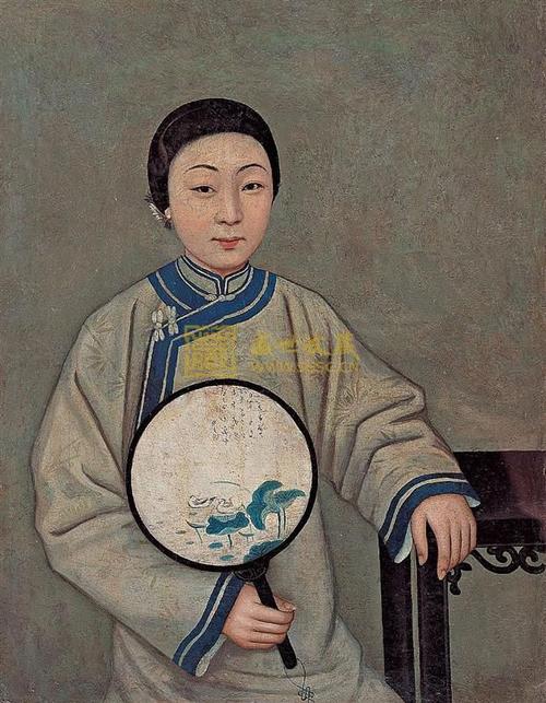 佚名 清朝佚名执扇仕女图 布面油画