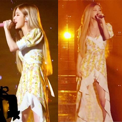 blackpink朴彩rose同款黄色碎花荷叶边开连衣裙演唱会