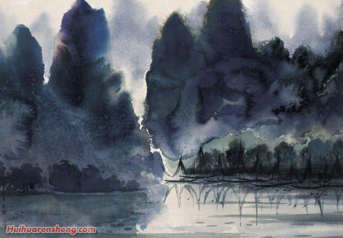 画面水色流动,气势宏大,很好地表现了桂林山水烟雨迷茫的美景.